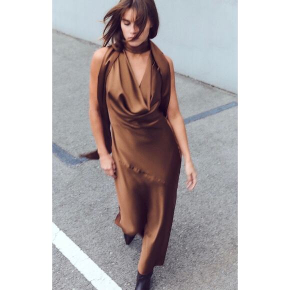 ZARA Bronze Maxi Dress back Bow Tie NWT size Medium - Picture 2 of 11